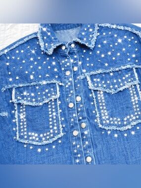 Rhinestone Denim Jacket 3XL Western Studded Shirt Pearl Distressed